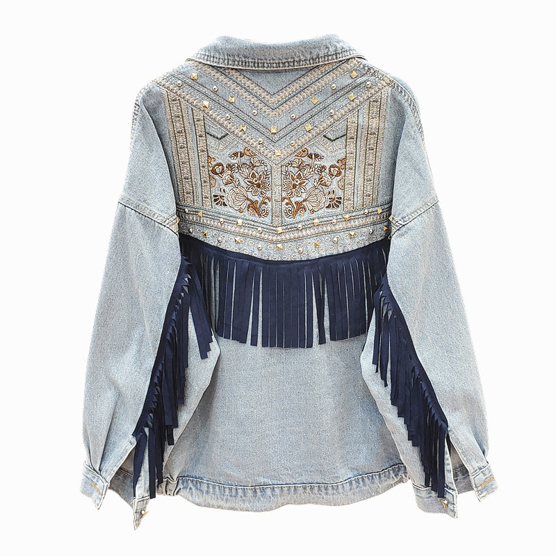 Street-wave Floral Denim Jacket for Women with Flower Pattern Trendy Casual Outerwear