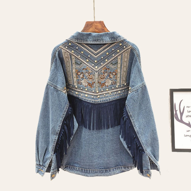 Street-wave Floral Denim Jacket for Women with Flower Pattern Trendy Casual Outerwear