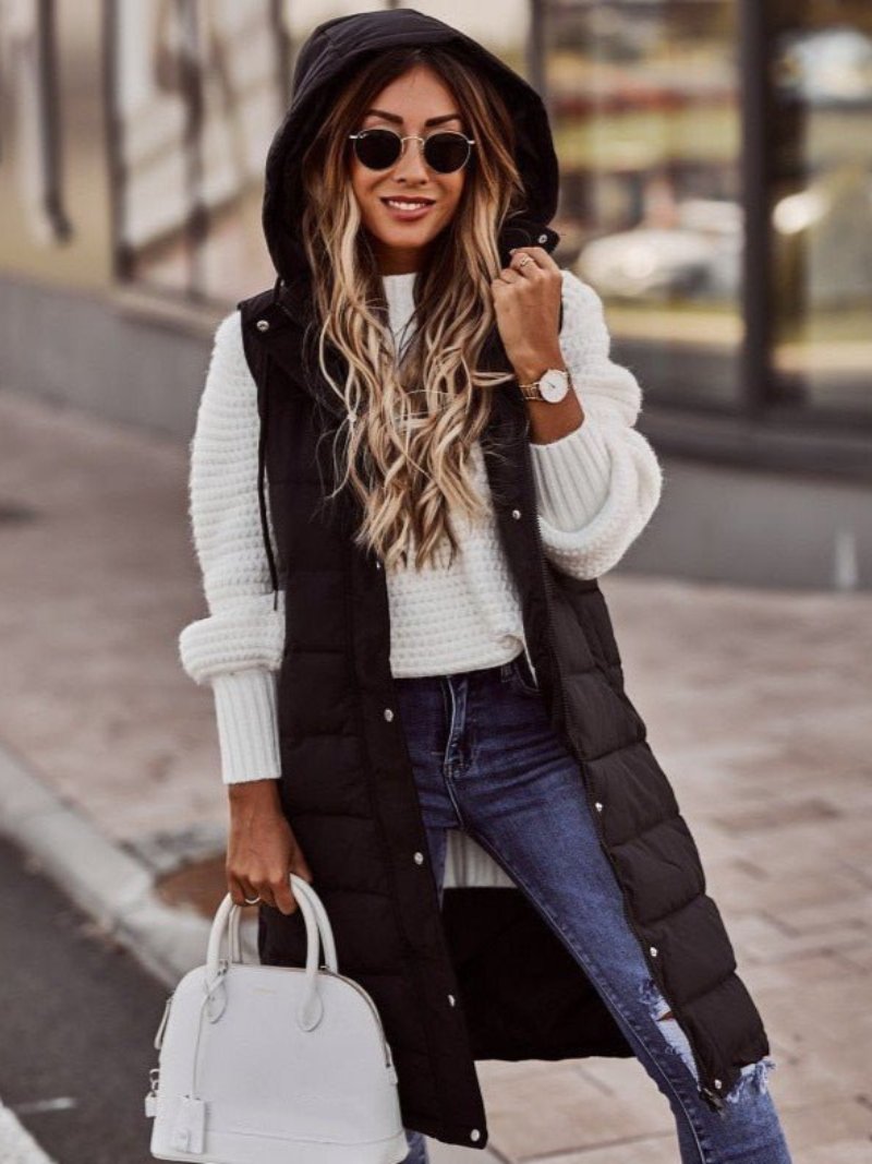 Street-Wave Long Puffer Vest For Women - Slim Silhouette And Hooded Cozy Comfort