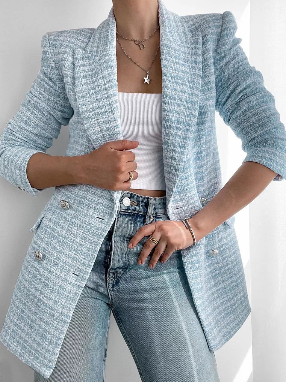 Streetwave Light Blue Blazer for Women With Double Button Placket Elegant Chic Workwear Jacket