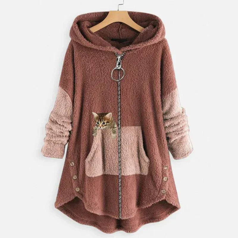 Streetwave Cozy Plush Hooded Jacket For Women With Cat Patch Pockets And Warmth For Winter Style