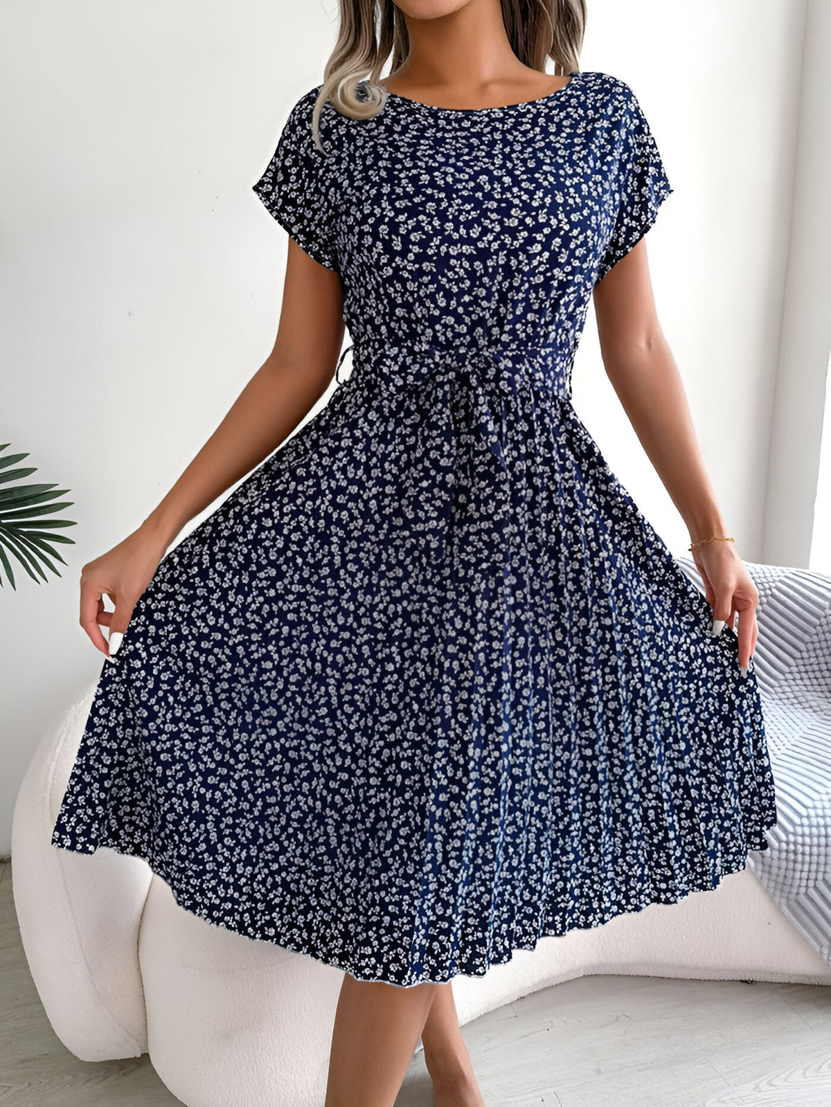 Women's Pleated Dress with Floral Design and A-Line Silhouette