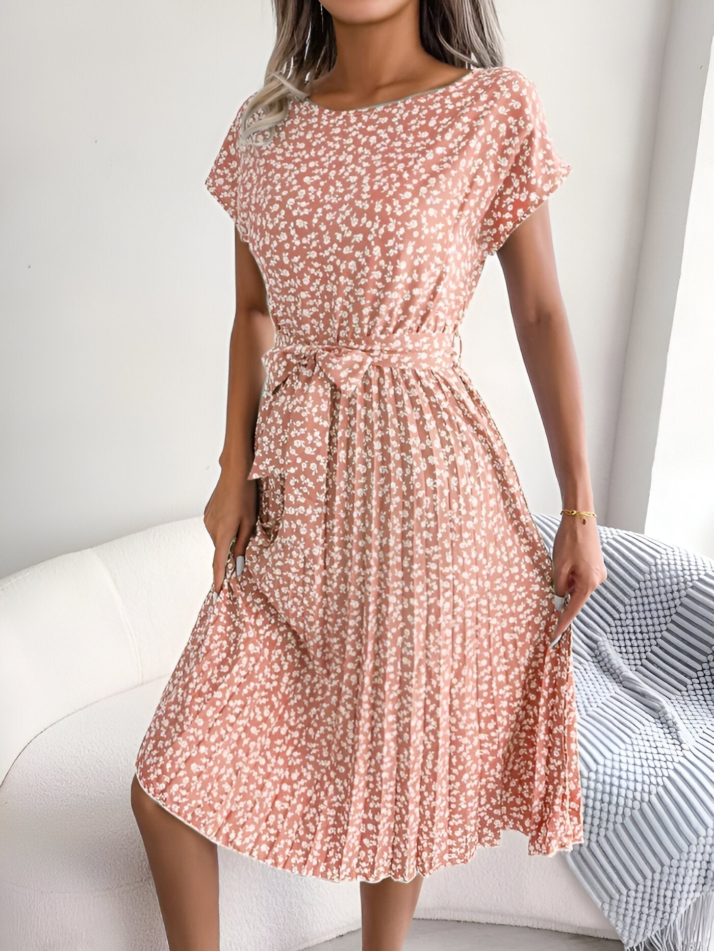 Women's Pleated Dress with Floral Design and A-Line Silhouette