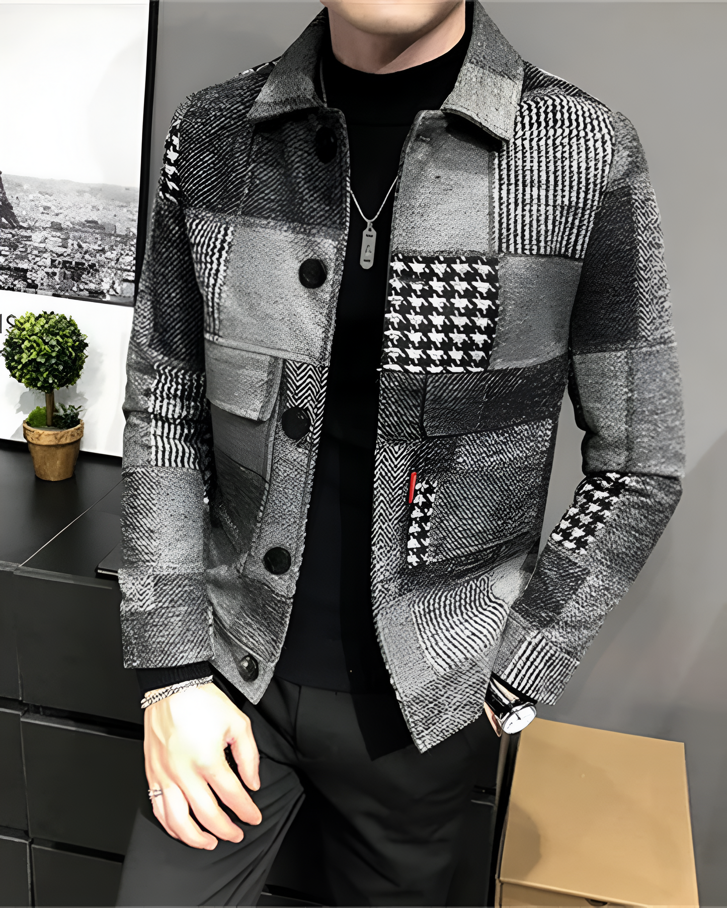 Street-Wave Patchwork Denim Jacket With Fold Down Collar For Men Classic Casual Streetwear Coat