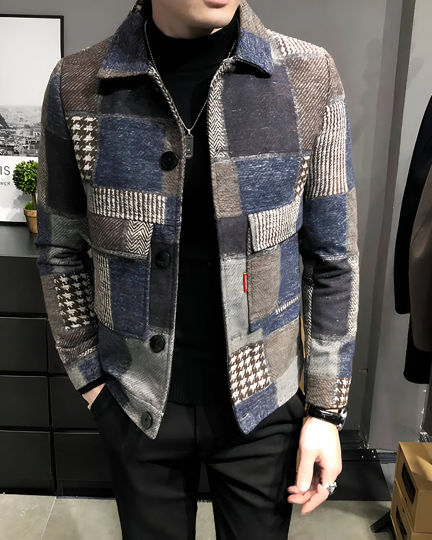 Street-Wave Patchwork Denim Jacket With Fold Down Collar For Men Classic Casual Streetwear Coat