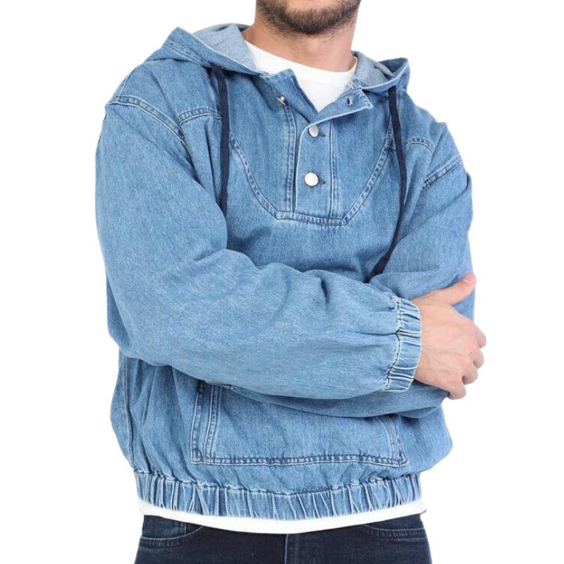 Street-wave Denim Hoodie With Button Closure Front Pocket For Men Casual Streetwear Comfort