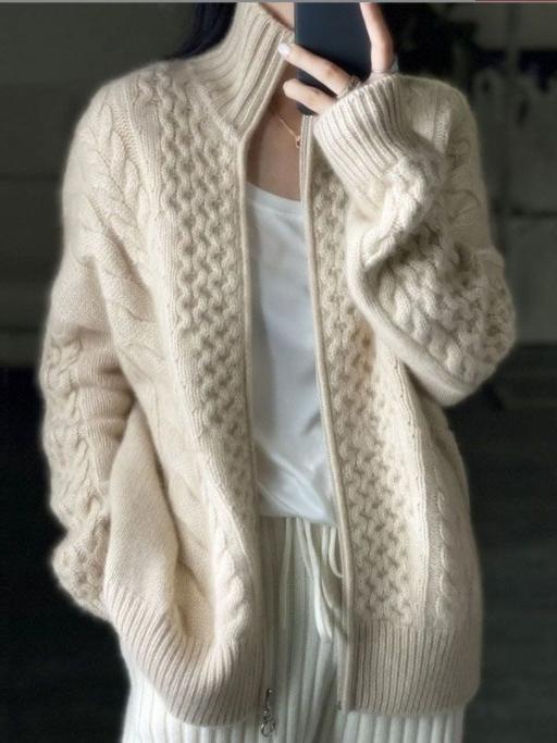 Street-Wave Cashmere Cardigan With Luxurious Cable Knit Roll Neck And Zip Front For Women
