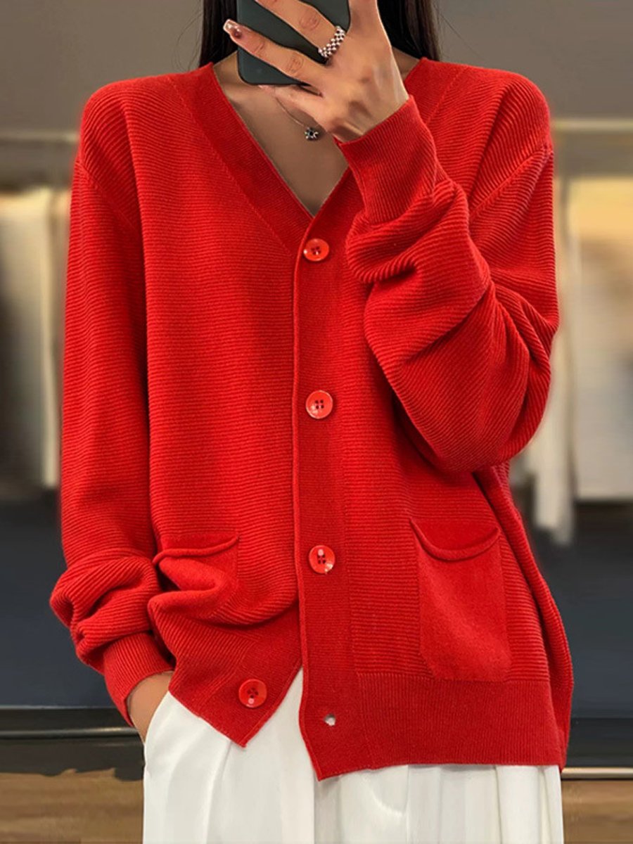 Street-wave V-Neck Cardigan With Pockets for Women, Cozy Knit Versatile Everyday Essential