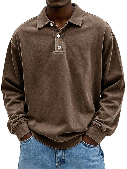 Street-Wave Vintage Style Long Sleeve Polo Shirt For Men With Classic Comfort