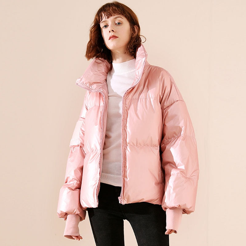 Street-wave Five Metallic Urban Oversized Down Jacket for Women With Bold Finish and Cozy Warmth