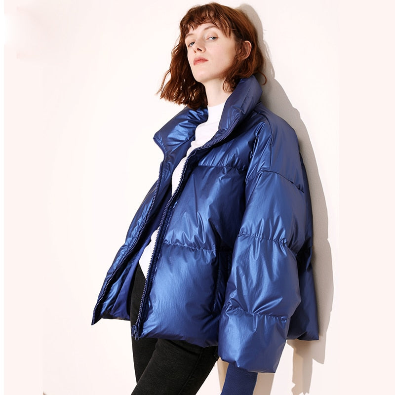 Street-wave Five Metallic Urban Oversized Down Jacket for Women With Bold Finish and Cozy Warmth