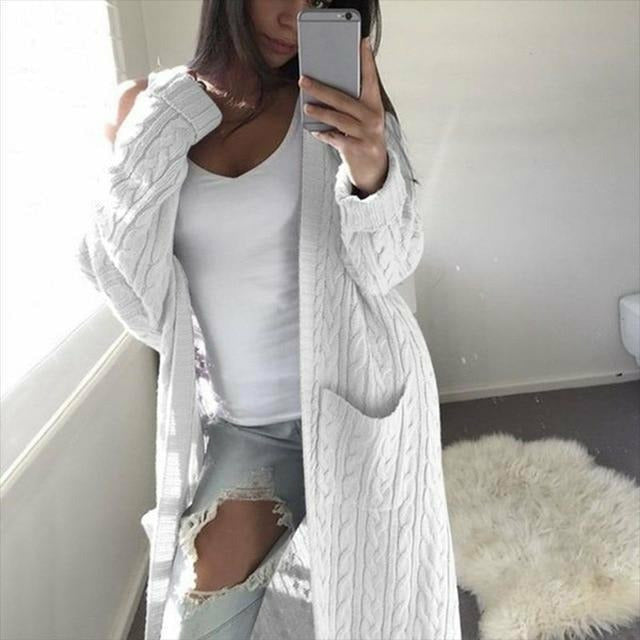 Street-wave Women's Cozy Cable Knit Cardigan For Warmth Long Open Front With Pockets