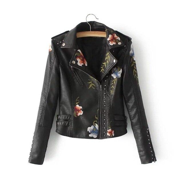 Street-wave Floral Embroidered Leather Jacket for Women with Studded Detailing and Artful Botanical Motifs
