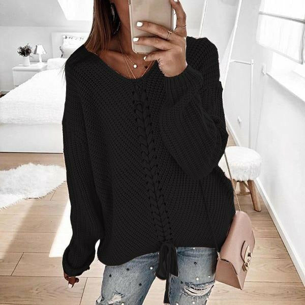 Street-wave Women's Knit Sweater With Ribbed Hem And V-Neck Tie Detail For Casual Streetwear