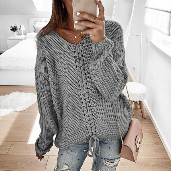 Streetwave Cozy Pink Knit Pullover with V Neck and Tie Detail for Casual Streetwear