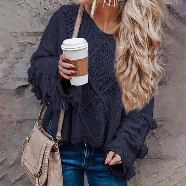 Street-Wave Fringe Knit Sweater For Women Handknit V-Neck Tassel Bell Sleeves Cozy Boho Chic