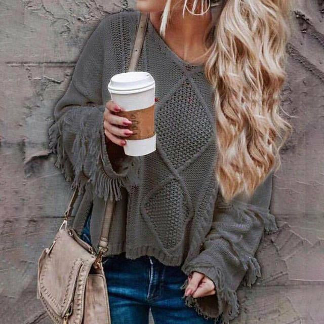 Street-Wave Fringe Knit Sweater For Women Handknit V-Neck Tassel Bell Sleeves Cozy Boho Chic