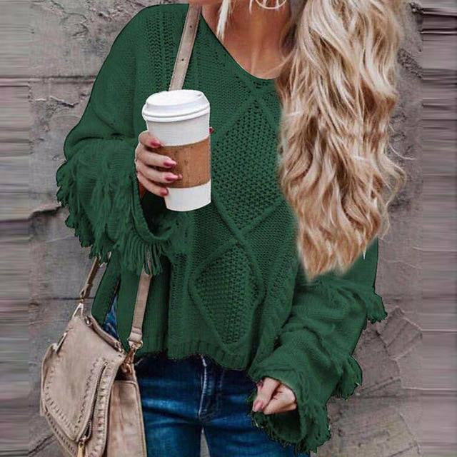 Street-Wave Fringe Knit Sweater For Women Handknit V-Neck Tassel Bell Sleeves Cozy Boho Chic
