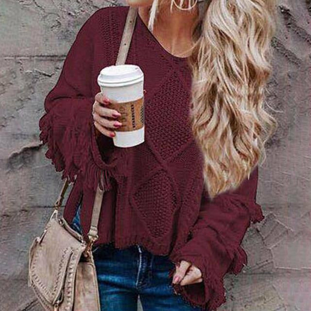Street-Wave Fringe Knit Sweater For Women Handknit V-Neck Tassel Bell Sleeves Cozy Boho Chic