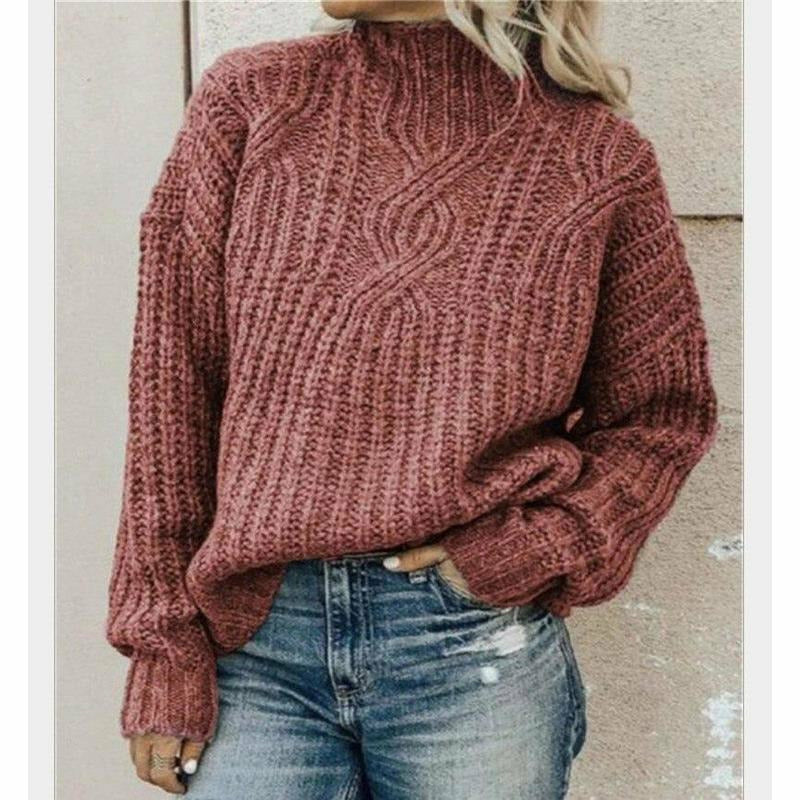 Streetwave Cotton Cable Knit Pullover With High Collar For Women Casual Cozy Sweater