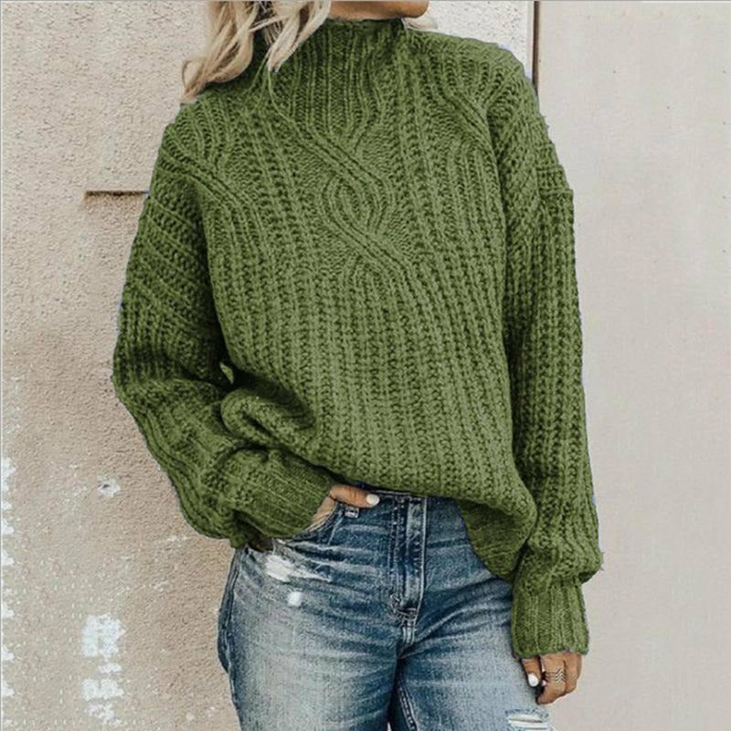 Streetwave Cotton Cable Knit Pullover With High Collar For Women Casual Cozy Sweater
