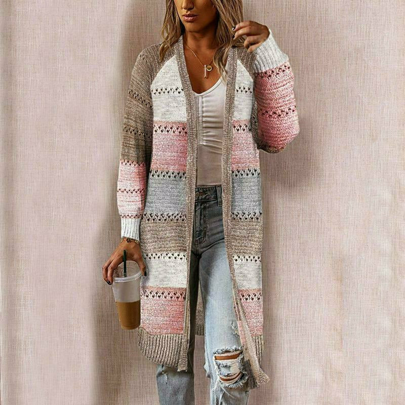 Street-wave Striped Cardigan For Women Cozy Cotton Polyester Knit Long Sleeve Effortless Chic