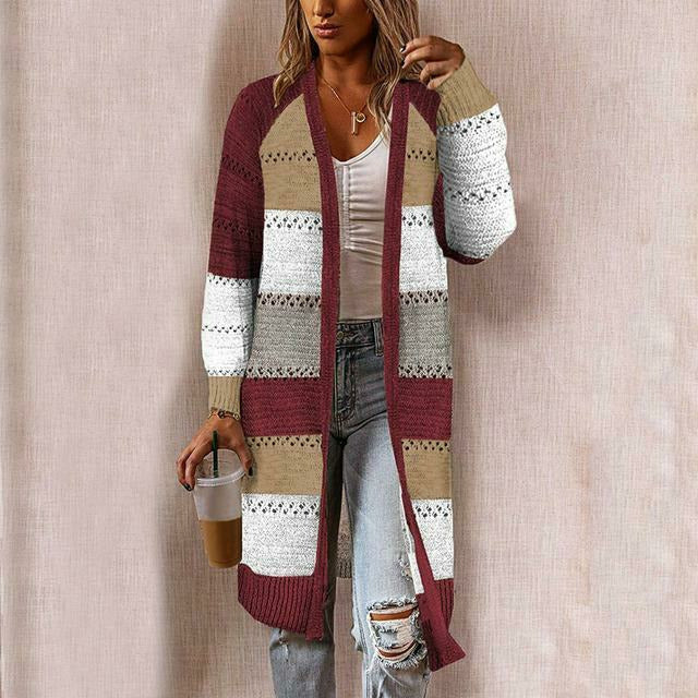 Street-Wave Women Longline Striped Knit Cardigan Open Front Cozy Autumn Layering