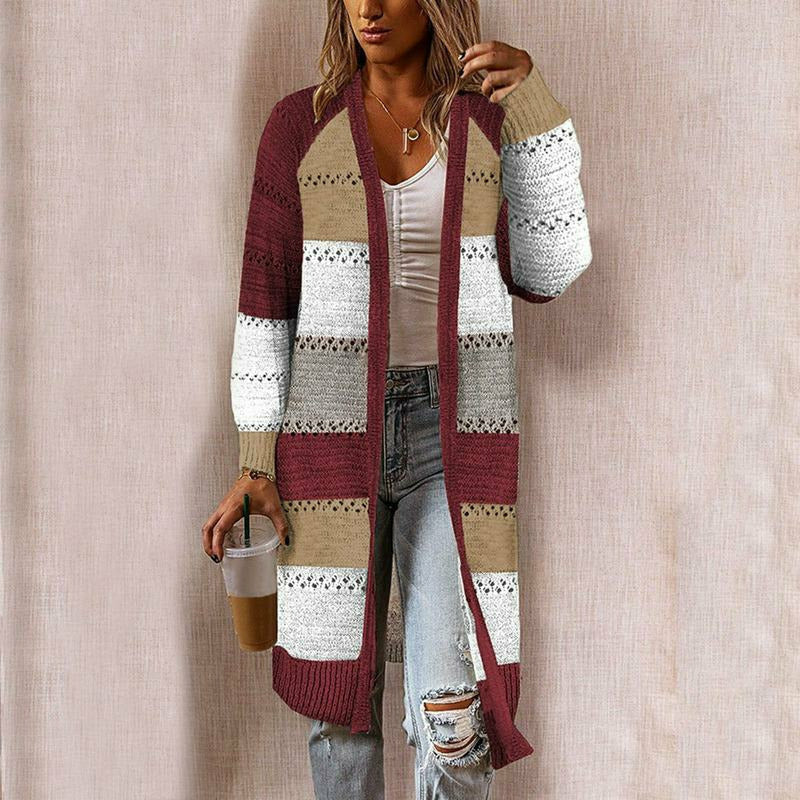 Street-wave Striped Cardigan For Women Cozy Cotton Polyester Knit Long Sleeve Effortless Chic