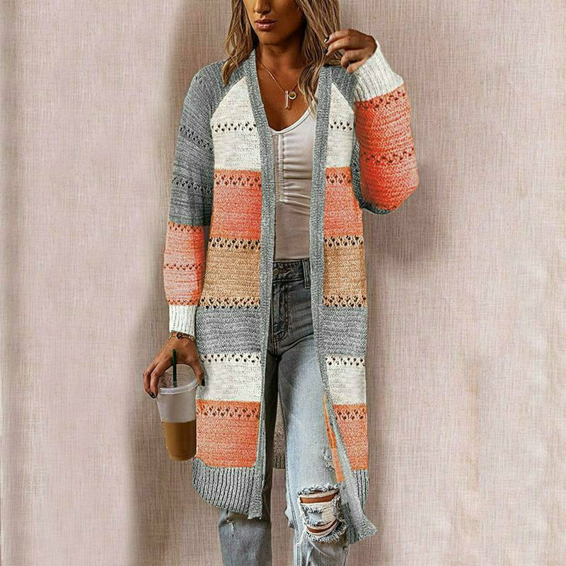 Street-wave Striped Cardigan For Women Cozy Cotton Polyester Knit Long Sleeve Effortless Chic