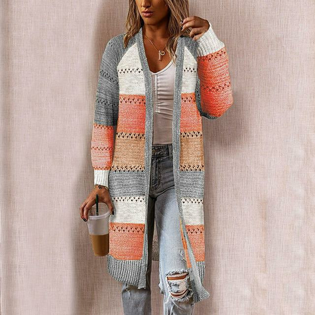 Street-Wave Women Longline Striped Knit Cardigan Open Front Cozy Autumn Layering