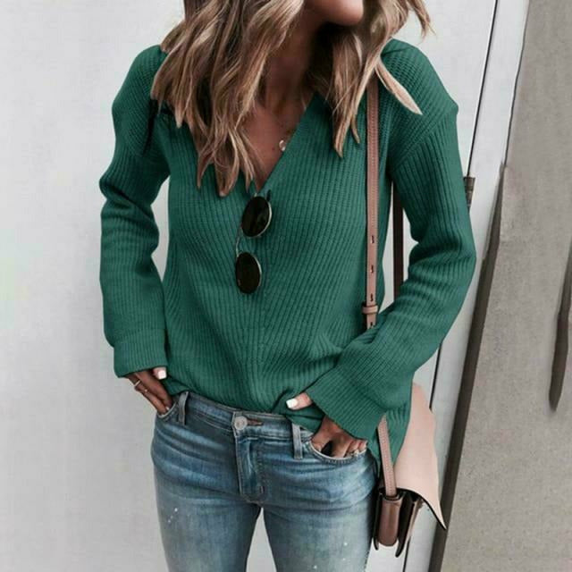 Streetwave Womens V Neck Knit Pullover Cotton Poly Blend Cozy Soft Casual Sweater For Spring And Autumn