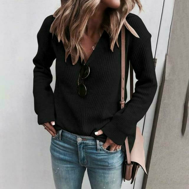 Streetwave Womens V Neck Knit Pullover Cotton Poly Blend Cozy Soft Casual Sweater For Spring And Autumn