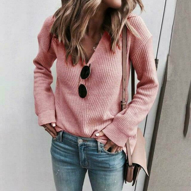 Streetwave Womens V Neck Knit Pullover Cotton Poly Blend Cozy Soft Casual Sweater For Spring And Autumn