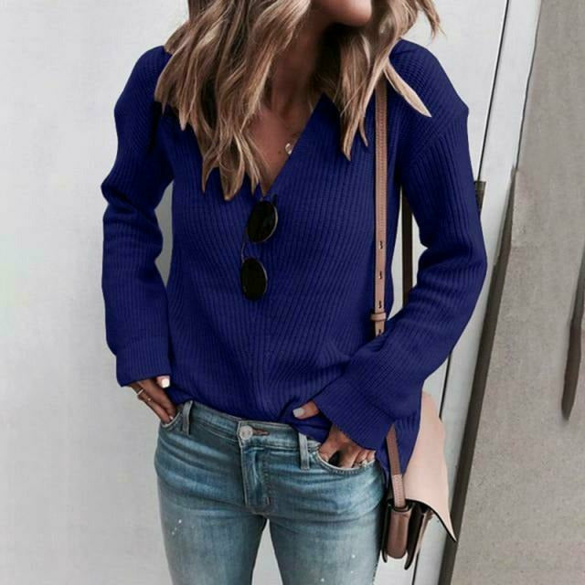 Streetwave Womens V Neck Knit Pullover Cotton Poly Blend Cozy Soft Casual Sweater For Spring And Autumn