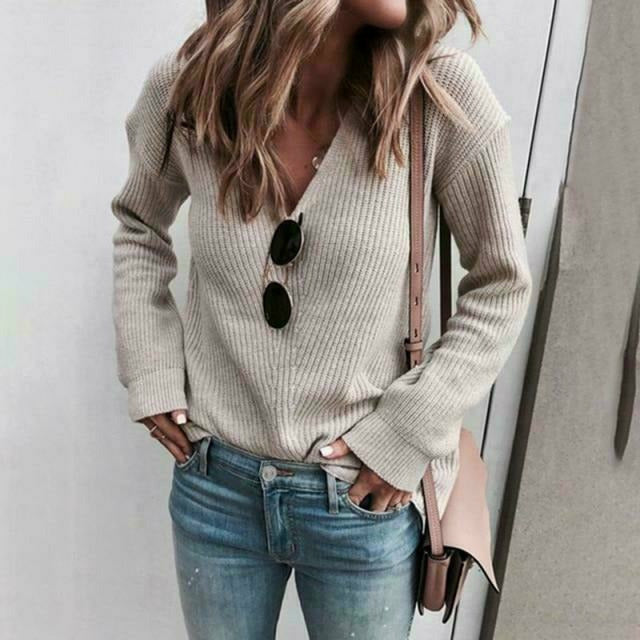 Streetwave Womens V Neck Knit Pullover Cotton Poly Blend Cozy Soft Casual Sweater For Spring And Autumn