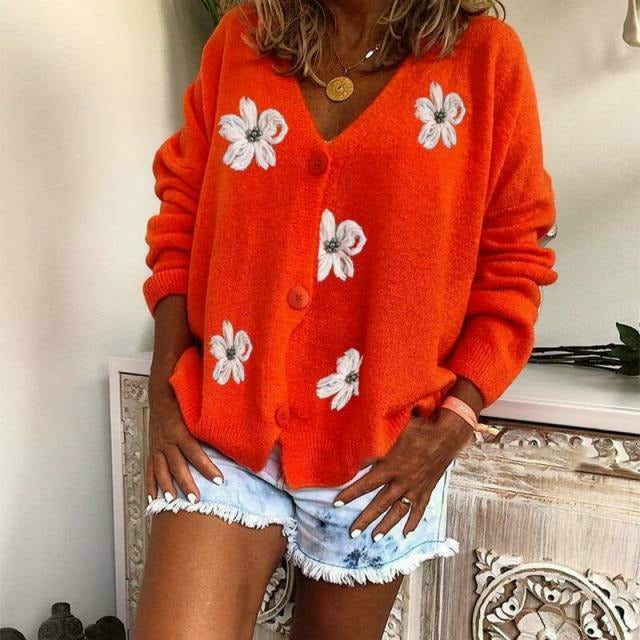 Street-Wave Floral Embroidered Cardigan For Women Cozy Cotton Cashmere Knit With V Neck Button Front