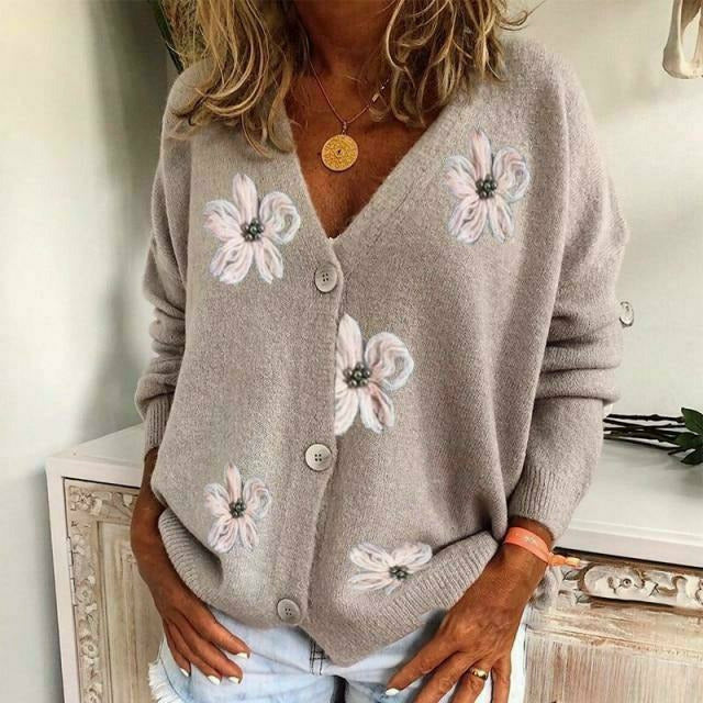 Street-Wave Floral Embroidered Cardigan For Women Cozy Cotton Cashmere Knit With V Neck Button Front