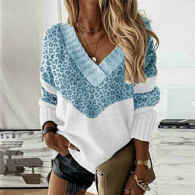Street-Wave Patchwork Knit Sweater For Women V-Neck Cotton Polyester Cozy Warmth For Fall Winter