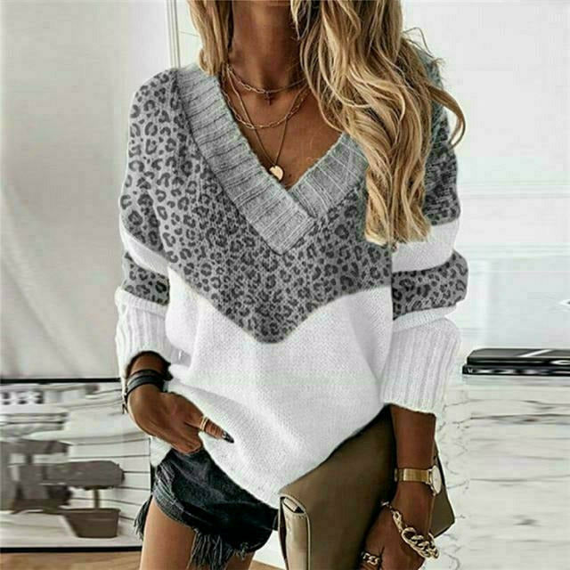 Street-Wave Patchwork Knit Sweater For Women V-Neck Cotton Polyester Cozy Warmth For Fall Winter