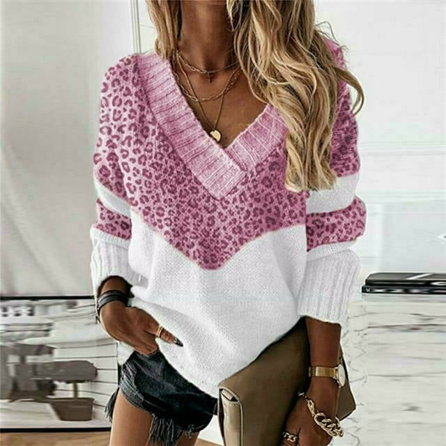Street-Wave Patchwork Knit Sweater For Women V-Neck Cotton Polyester Cozy Warmth For Fall Winter