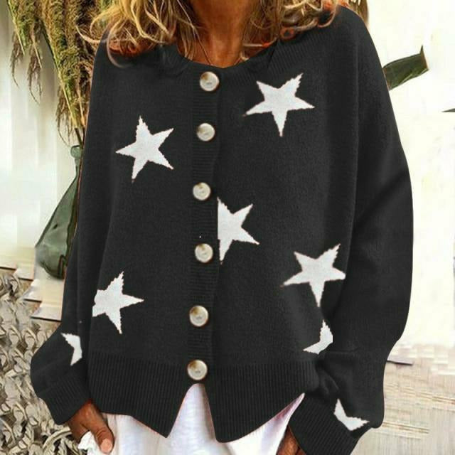 Street-wave Star Print Pullover For Women Cozy Cotton Polyester Blend Cardigan With Round Neck And Long Sleeves