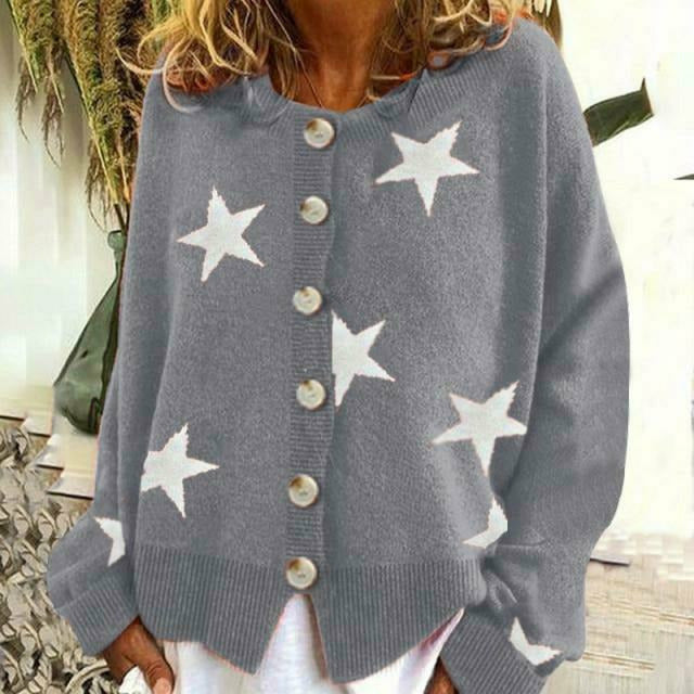 Street-wave Star Print Pullover For Women Cozy Cotton Polyester Blend Cardigan With Round Neck And Long Sleeves