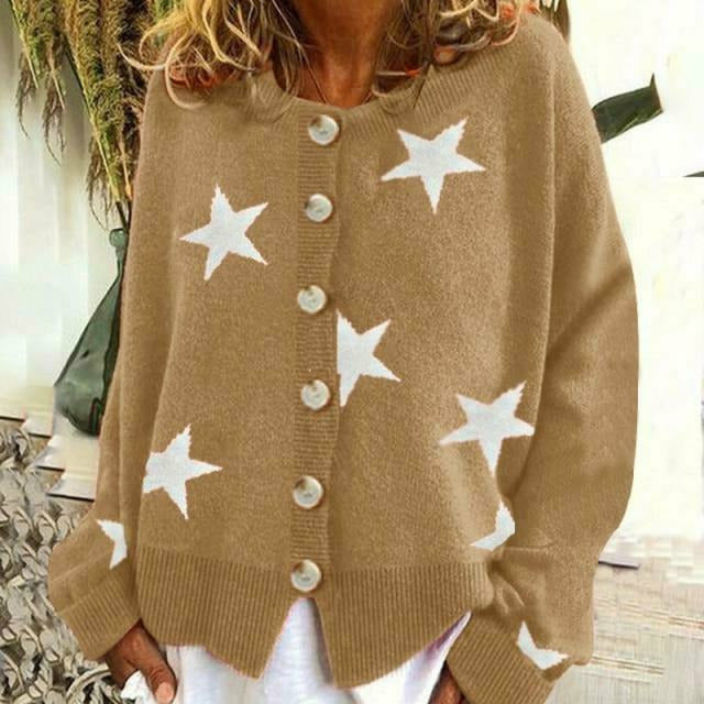 Street-wave Star Print Pullover For Women Cozy Cotton Polyester Blend Cardigan With Round Neck And Long Sleeves