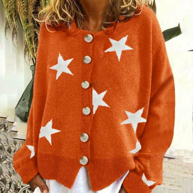 Street-wave Star Print Pullover For Women Cozy Cotton Polyester Blend Cardigan With Round Neck And Long Sleeves