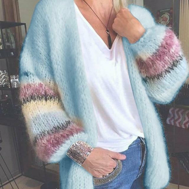 Streetwave Striped Cardigan With Balloon Sleeves For Women Cozy Cotton Polyester Blend Knitwear For Spring Fall Winter