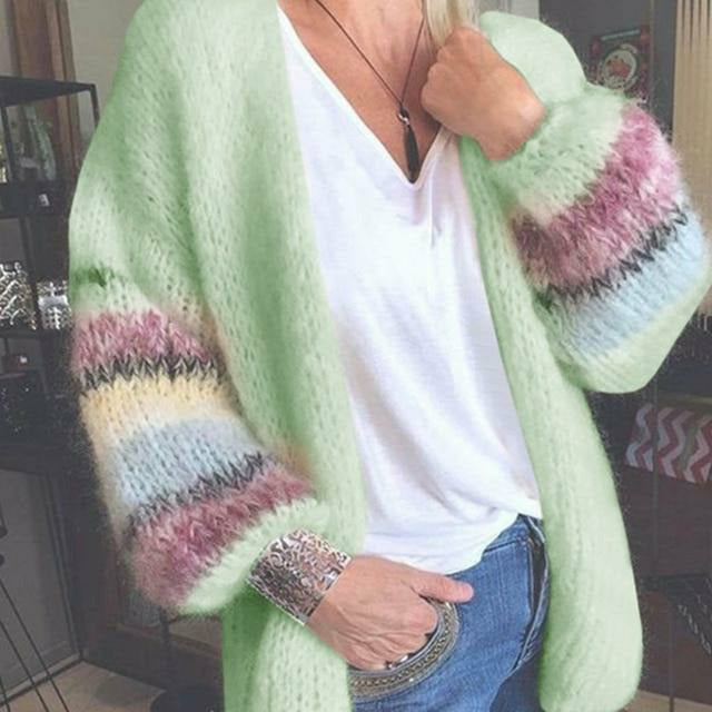Streetwave Striped Cardigan With Balloon Sleeves For Women Cozy Cotton Polyester Blend Knitwear For Spring Fall Winter