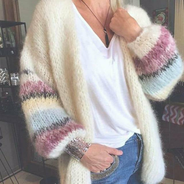 Streetwave Striped Cardigan With Balloon Sleeves For Women Cozy Cotton Polyester Blend Knitwear For Spring Fall Winter