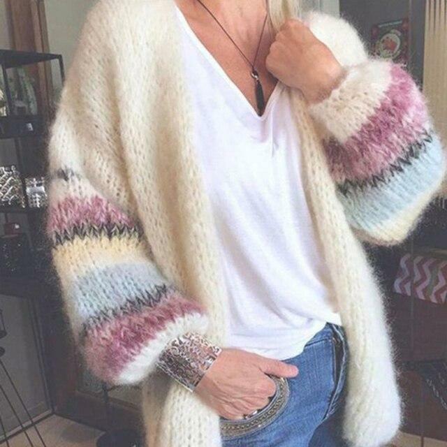Street-wave Women Cardigan Timeless Cozy Winter Knit with Colorful Striped Sleeves
