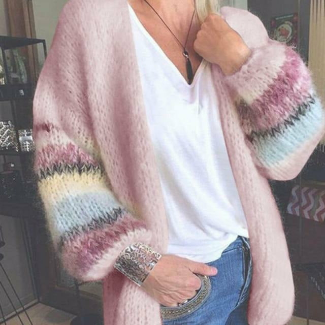 Streetwave Striped Cardigan With Balloon Sleeves For Women Cozy Cotton Polyester Blend Knitwear For Spring Fall Winter