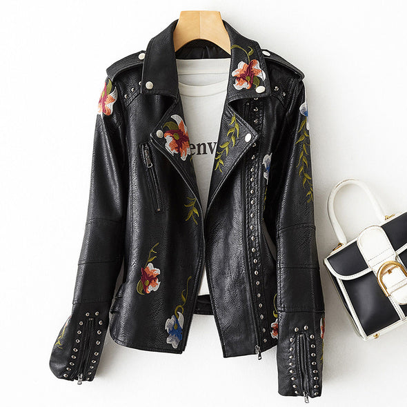 Helene Premium Leather Jacket By Street-Wave With Floral Embroidery And Studded Details For Fashion Forward Women